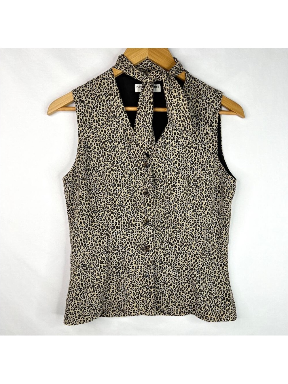 Vintage Patricia Jones USA Leopard Tie Neck Button Front Tank Top 4